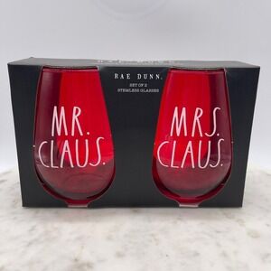 Rae Dunn Mr Claus and Mrs Claus Red Wine Stemless Glasses Christmas New